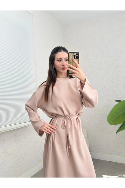 TATULA Comfortable Cut Long Dress with Tie Detail