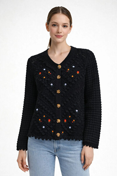 TATULA Openwork Detailed Embroidered Knitwear Cardigan