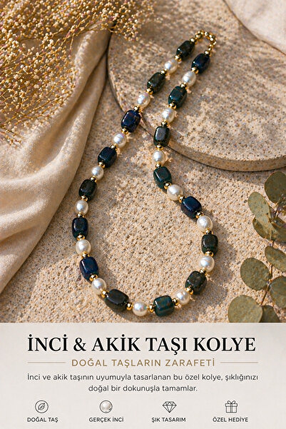 PORSE Gerçek İnciler ve Akik Taşları ile Tasarlanmış El Yapımı Eşsiz Kolye - ...