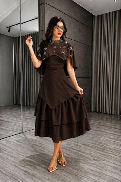 Jood Women Layered Midi Dress with Embroidered Cape