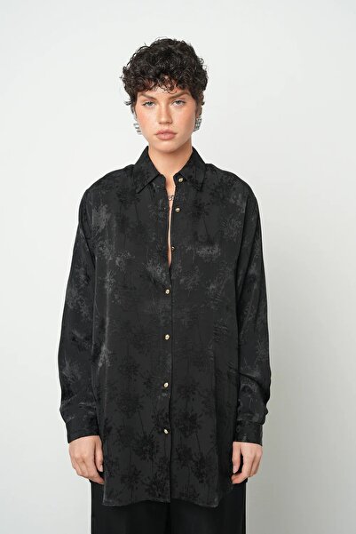 NEIRO BUTİK Oversize Siyah Çiçek Desenli Gömlek