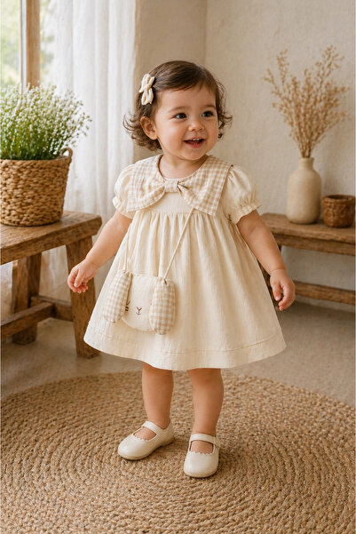 My Lusa baby wear Mila %100 Pamuk Kız Bebek Elbise I Kareli Fiyonk Yaka Detay...