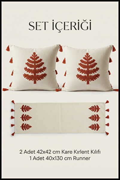 cottoncloth Set jastuka i staze sa izvezenim uzorkom drveta, 2 kvadratna jast...