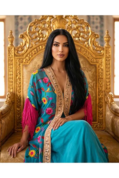 İthal Nakış Detaylı Püsküllü Bohem Kimono
