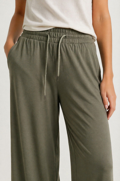 LEGS STAR Women's Khaki Lace-Up Waistband with Pockets Comfortable Fit Oysho Fabric Sweatpants Trousers