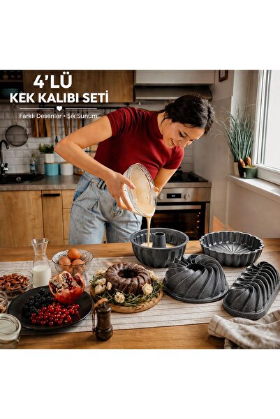CHEFTİME Premium Döküm 4'lü Gri Kek Kalıbı Seti