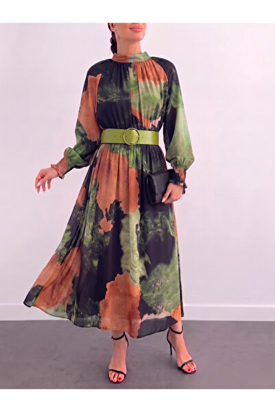 mass fashion Kadın Kemer Detaylı Uzun Şifon Elbise