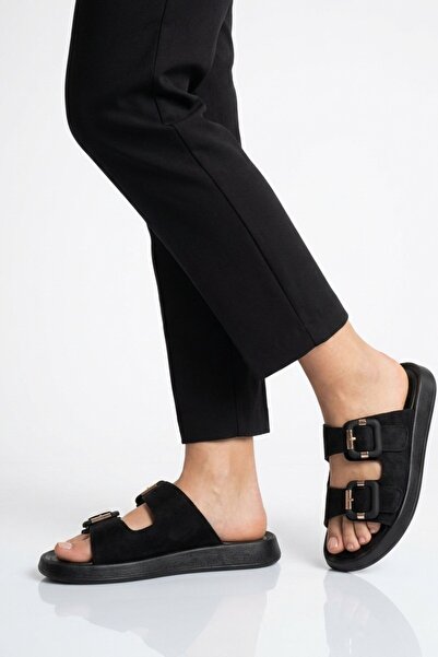 AYAKMOD Μαύρες σουέτ ελαφριές γυναικείες παντόφλες με διπλό λουράκι 513089 Z