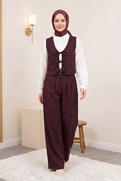 FERHEL Γυναικείο Σετ Γιλέκο και Παντελόνι με Δέσιμο στο Μπροστινό Μέρος - Σκο...