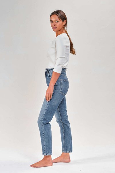 VAVIEN VAV 2032-Orta Mavi Yüksek Bel Likralı Denim Kadın Pantolon