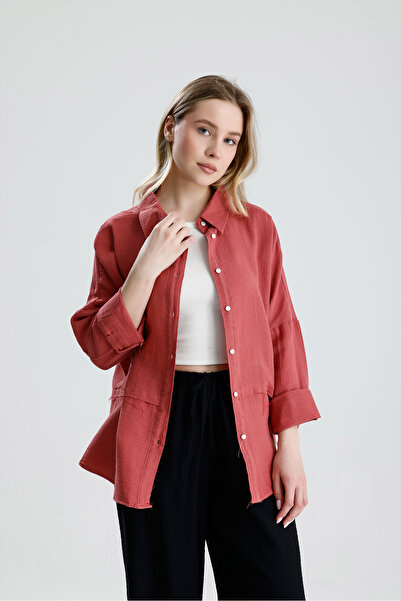 Manche Γυναικείο ίσιο βασικό πουκάμισο Mercan Muslin Long Washable Oversize C...