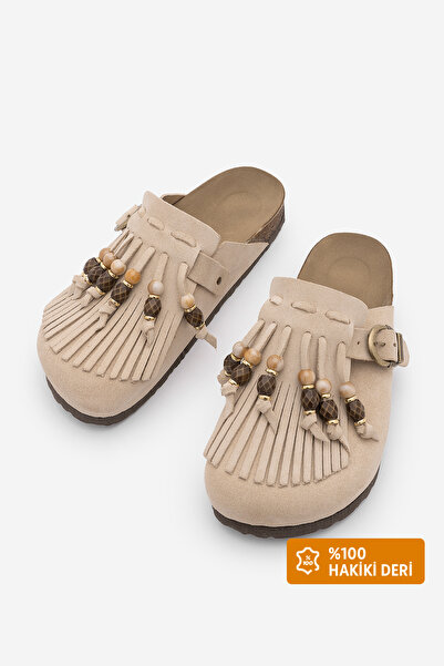 Marjin Γυναικείες παντόφλες Sabo από γνήσιο δέρμα Eva με φούντες, κλειστό μπρ...