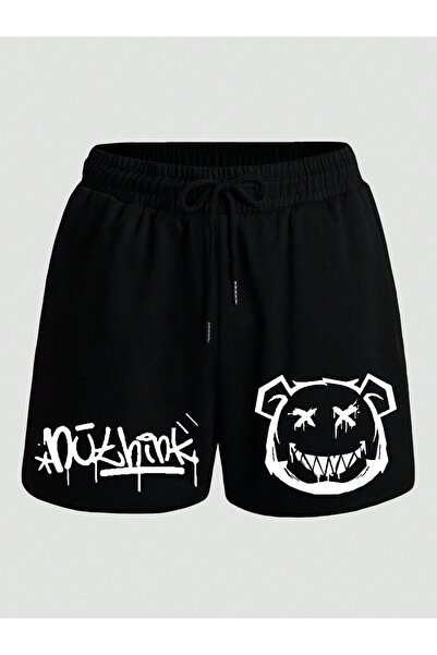 CLASSY.MODA Μαύρο σορτς με στάμπα, άνετη εφαρμογή, ελαστική μέση, καθημερινό ...