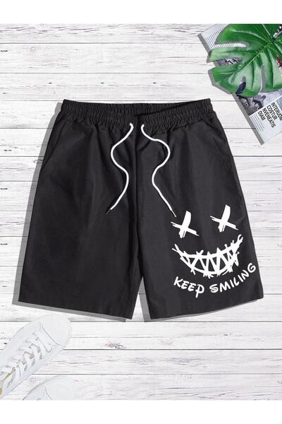 valeriae Μαύρο σορτς με στάμπα, άνετη εφαρμογή, ελαστική μέση, καθημερινό αθλ...