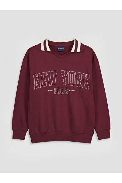 LC Waikiki Nevavm Polo Collar New York Printed Girls' Sweatshirt with a Diffe...