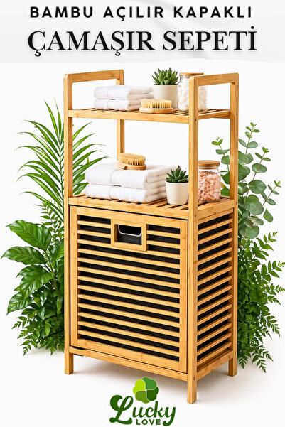 Lucky Love Bambu Lüks Raflı Kirli Sepeti Açılır Kapaklı 2 Katlı Çamaşır Sepeti