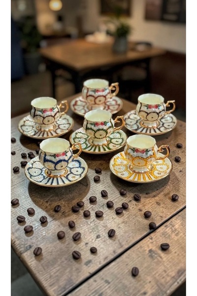 Handmade ESTERHOMEDECOR 6 Kişilik el boyama porselen kahve fincan takımı