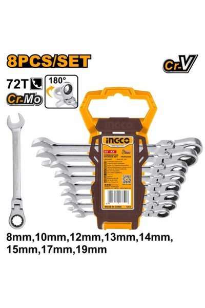 Ingco Σετ Συνδυαστικών Κλειδιών με Καστάνια και Εύκαμπτη Κεφαλή 8-19 χιλ. 8 τ...