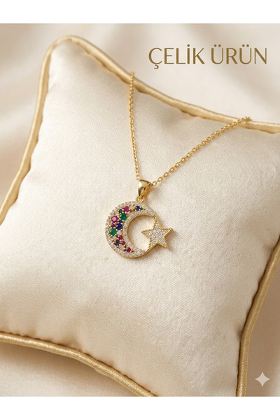 NAS fashion Women's Colorful Stone Detailed Moon and Star Steel Necklace
