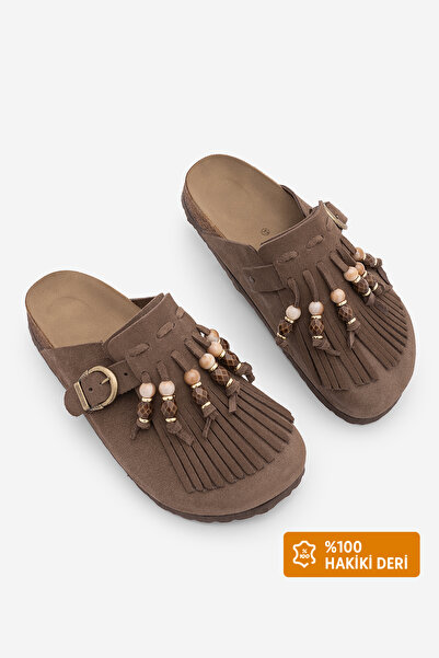 Marjin Γυναικείες παντόφλες Sabo από γνήσιο δέρμα Eva με φούντες, κλειστό μπρ...