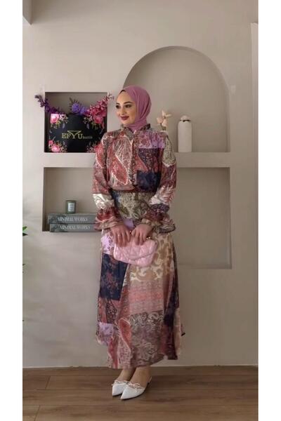 Sara Deluxe Ethnic Patterned Patchwork Suit-Shirt & Long Skirt Combination St...