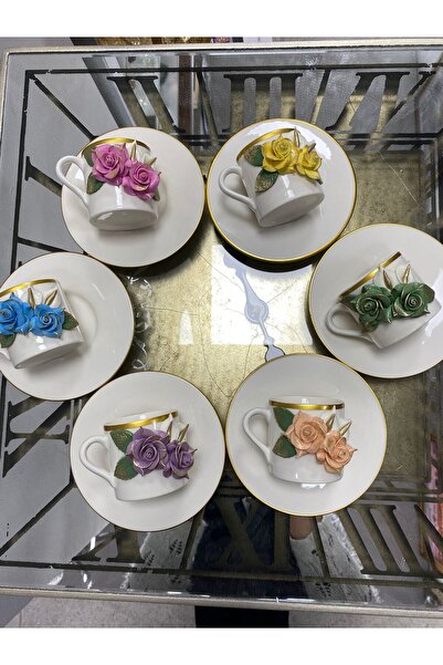 elif aksesuar Porcelain Clay and Design Flower Handmade Cup Set of 6