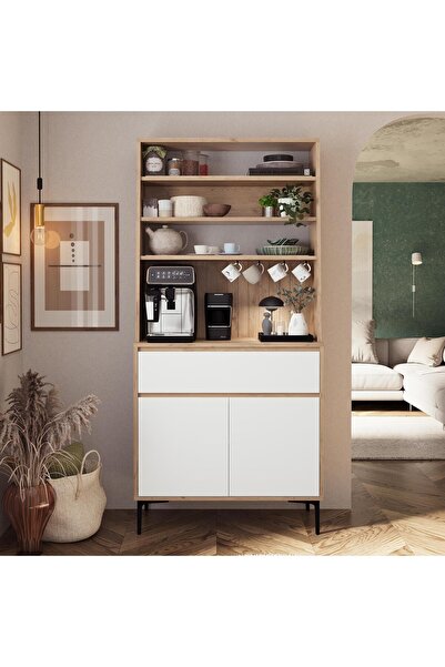 Bimossa Y6010 ALBA 90 cm Sepet-Beyaz Ayaklı Kahve Köşesi Çok Amaçlı Kapaklı R...
