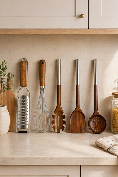 MİS KİTCHEN 5 Piece Kitchen Set with Acacia Handle Steel Grater Whisk Spatula...