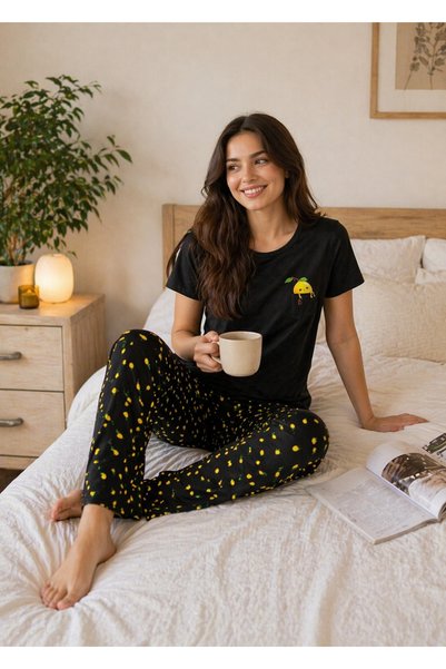 Vesperia Women's Black Lemon Patterned Cotton Pajama Set