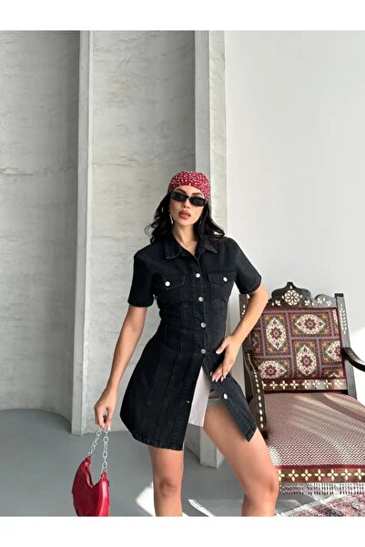 Cool & Sexy Μαύρο τζιν φόρεμα με κουμπιά και τσέπες στο μπροστινό μέρος