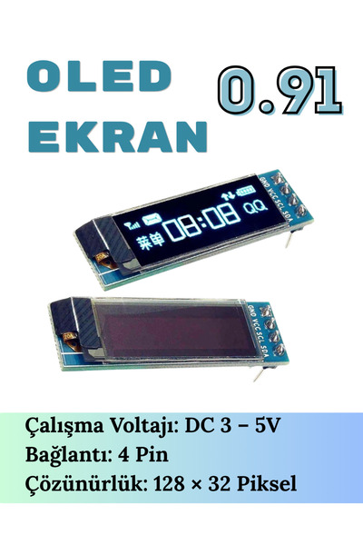 RoboPazar 0.91" OLED Ekran 128x32 I2C (SSD1306)