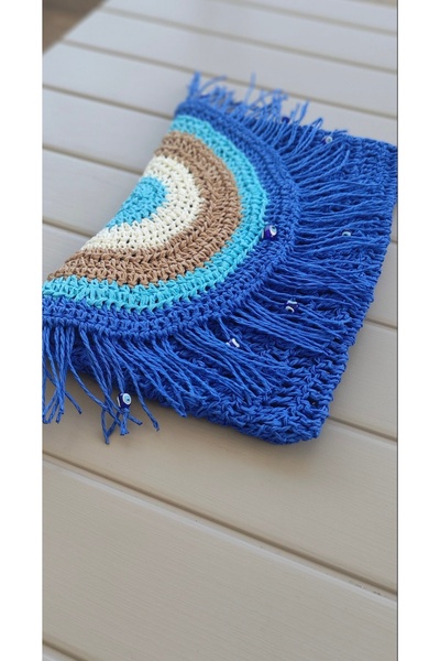 Ahşap Evi Paper String Portfolio Blue Bag Straw Handbag Portfolio, Clutch Bag