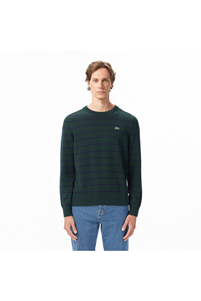 Lacoste Erkek Classic Fit Bisiklet Yaka Çizgili Yeşil Kazak