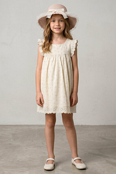 kinderos Κοριτσίστικο λινό φόρεμα με ψάθινο καπέλο και σχέδιο λουλουδιών - 26...