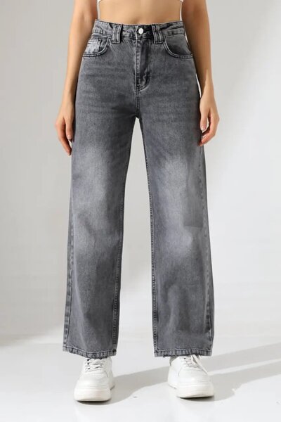 Cool & Sexy Γυναικείο γκρι τζιν ψηλόμεσο με φαρδιά μπατζάκια