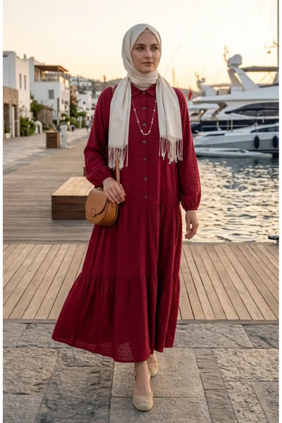 sefamerve Φόρεμα με ανάγλυφη υφή και κουμπιά 2255-03 Ροζ