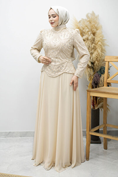 Tesettür Dünyası Bead and Stone Embellished Hijab Evening Dress Tsd260197 Beige