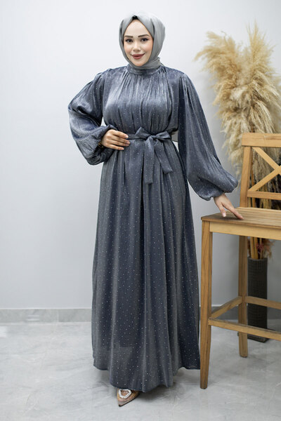 Tesettür Dünyası Βραδινό φόρεμα με μανίκια μπαλόνι και πέτρινη λεπτομέρεια TS...