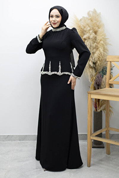 Tesettür Dünyası Taş İşlemeli Peplum Abiye TSD260195 Siyah