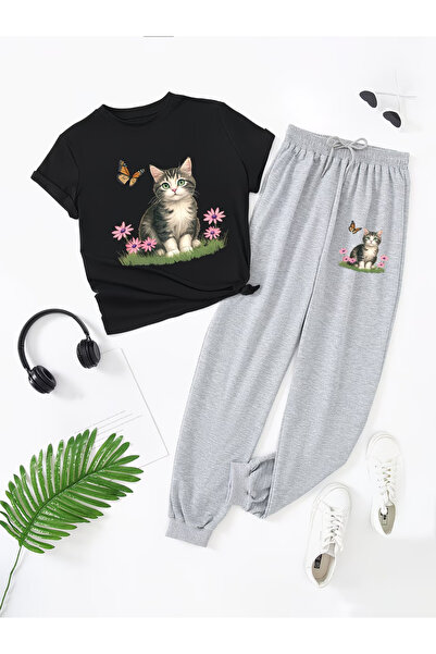 LAVİTTA Cat Printed Sweatpants and T-Shirt - Jogger T-Shirt Bottom Top Sweatp...