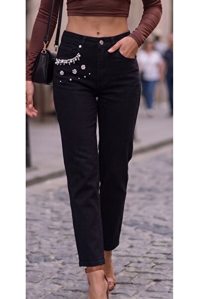 REDZARRAM Μαύρο τζιν με διακοσμήσεις διαμαντιών και μαργαριταριών, σε στυλ Bo...
