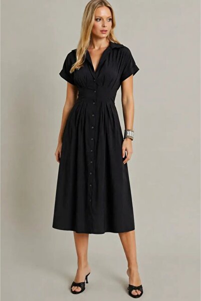 Cool & Sexy Μαύρο φόρεμα μίντι με κουμπιά – Στενή εφαρμογή στη μέση, άνετη γρ...