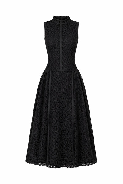 HAZELANNA Δαντελωτό Μαύρο Φόρεμα Premium με Ριμπ Λεπτομέρειες