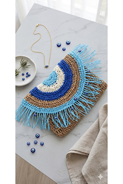 Ahşap Evi Kağıt İp Portföy Mavi Çanta Hasır El Çantası Portföy, Clutch Çanta