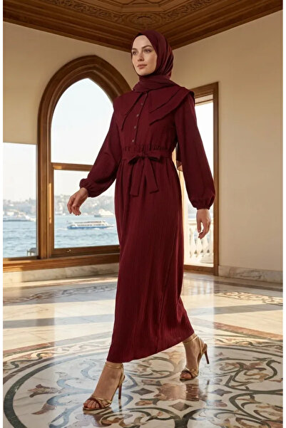 sefamerve Βρεφικό φόρεμα με γιακά και ζώνη 2252-03 Βουργουνδίας