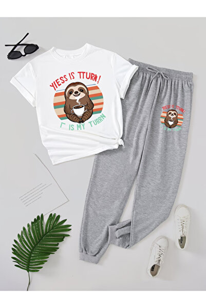 LAVİTTA Coffe Printed Sweatpants and T-Shirt - Jogger T-Shirt Bottom Top Swea...