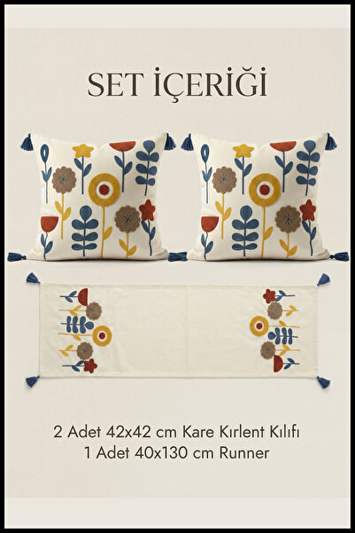 cottoncloth Yıldız Punch Nakışlı Çiçek Desenli Kırlent Runner Seti 2 Kare Kır...