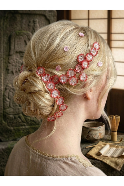 REBORN DESIGN Lotus Model Gold Detailed Red Color 10-Piece Charm Hair Earrings