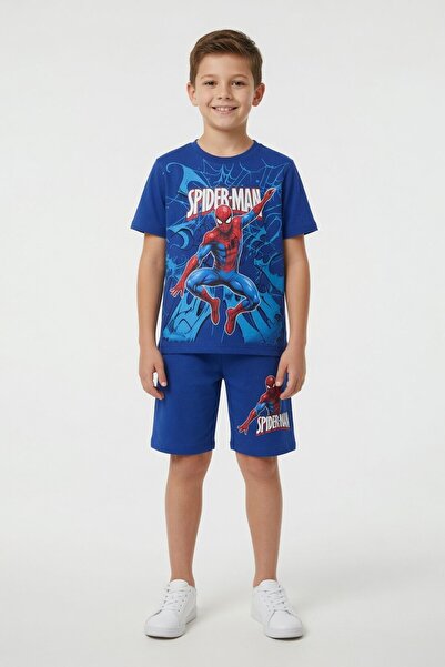 Cansın Mini Navy Blue Spiderman Printed T-Shirt and Boy's Shorts Set 23943