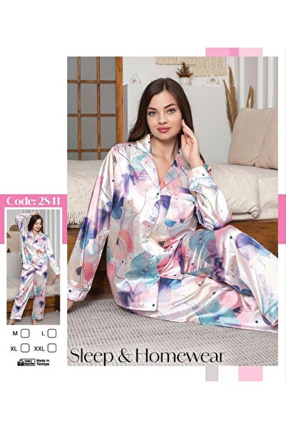 Kadın Lüks Saten Düğmeli Uzun Kollu Pijama Takımı